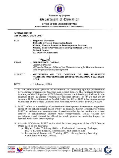 Memo on Guidelines for the Conduct of INSET 2023.